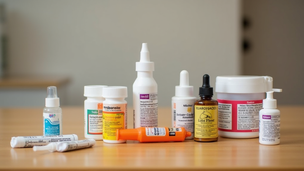 Assortment of allergy medications, epinephrine auto-injector, and emergency kit on a wooden table.