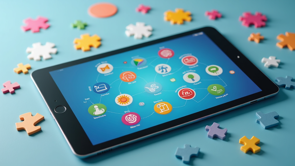 colorful icons of educational apps on a digital tablet with brain shapes and puzzle pieces in the background