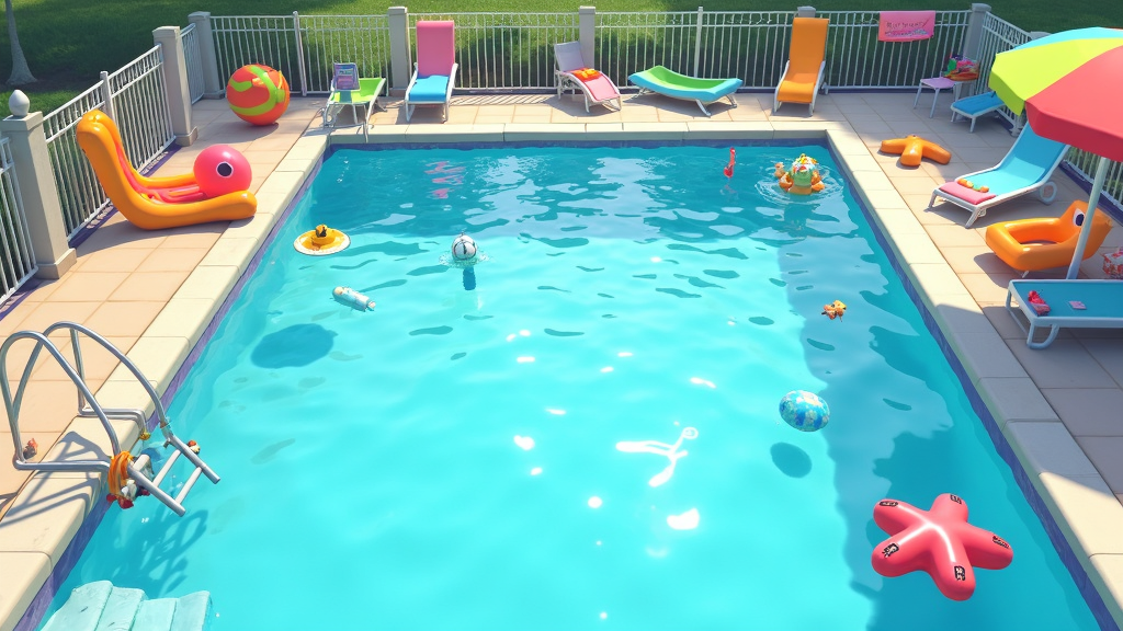 colorful swimming pool with pool toys and floating safety equipment