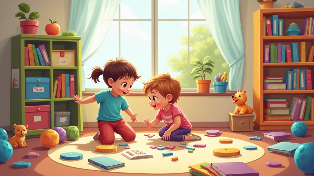 playroom scene with toys, books, and colorful decorations, symbolizing sibling rivalry