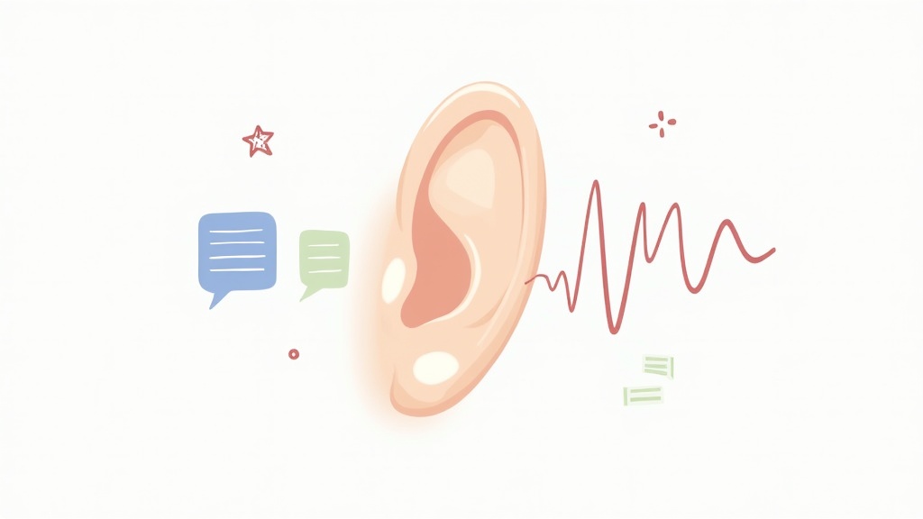 An illustration of sound waves, a notepad, and an ear to symbolize active listening skills