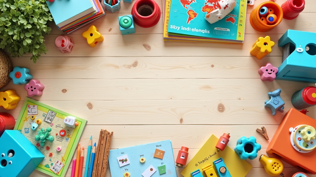 Colorful collection of children's language learning resources, such as books, maps, and toys, all arranged neatly on a wooden table. The focus is on variety and playfulness.