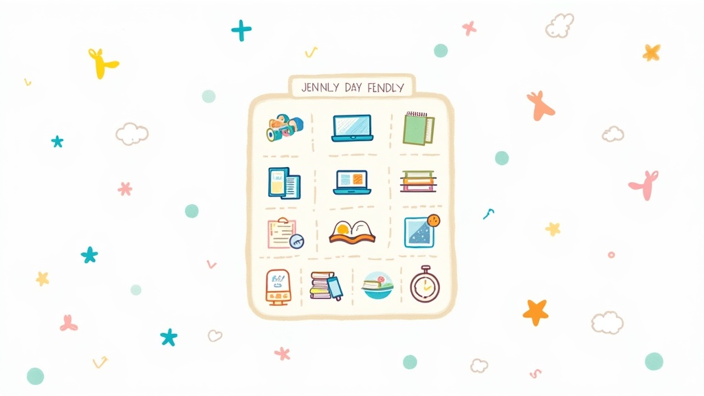 Colorful illustration of a digital wellness chart for kids, featuring icons of devices, books, and outdoor activity symbols.