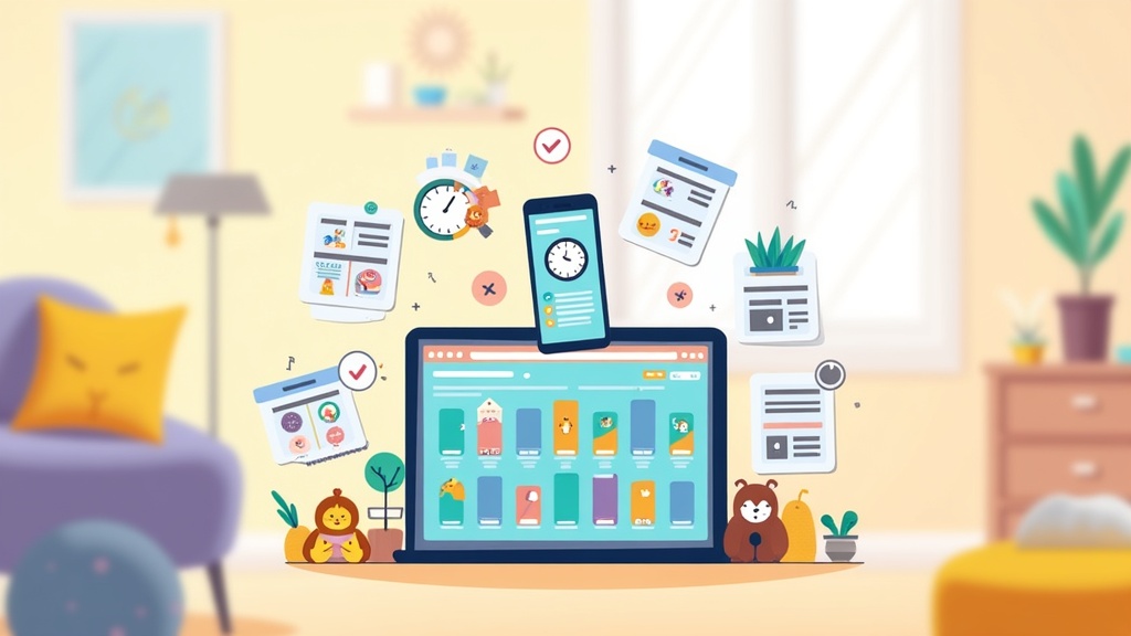 Colorful illustration of a tablet with various app icons, surrounded by playful digital elements, representing screen time management.