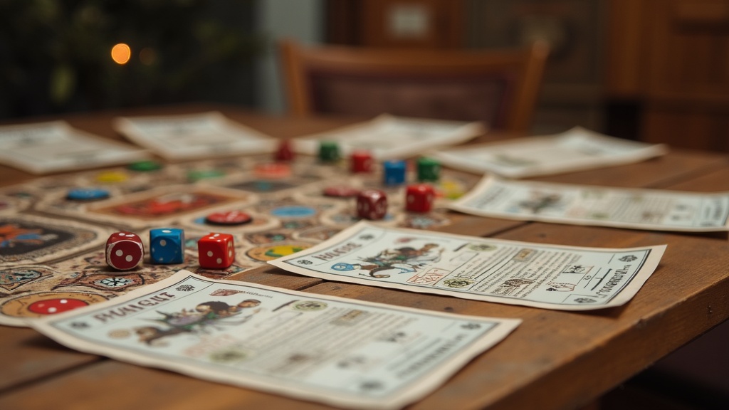 Tabletop role-playing game board with dice, character sheets, and colorful game elements