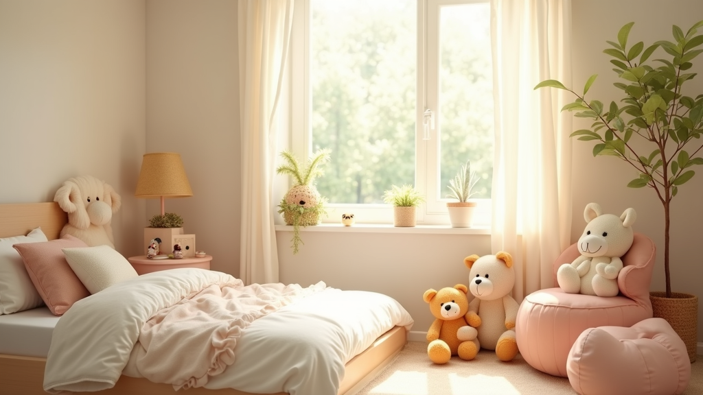 A cozy, calming children's bedroom decorated in soft colors with gentle sunlight streaming in, plush toys, and peaceful nature motifs.