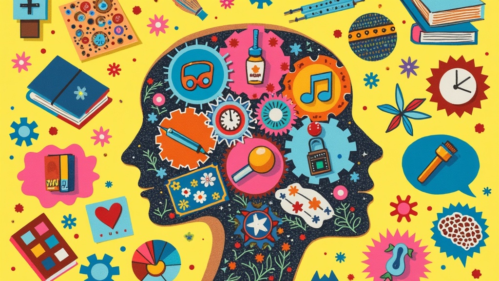Collage of learning tools for multiple intelligences, such as instruments, books, puzzles, and nature elements.