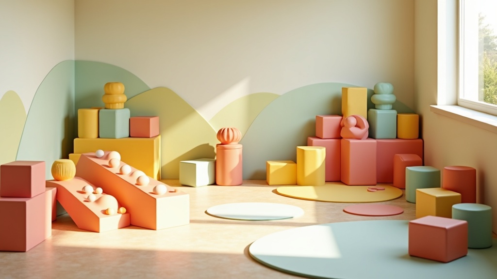 Colorful children's play area with building blocks and balance beams, emphasizing physical development