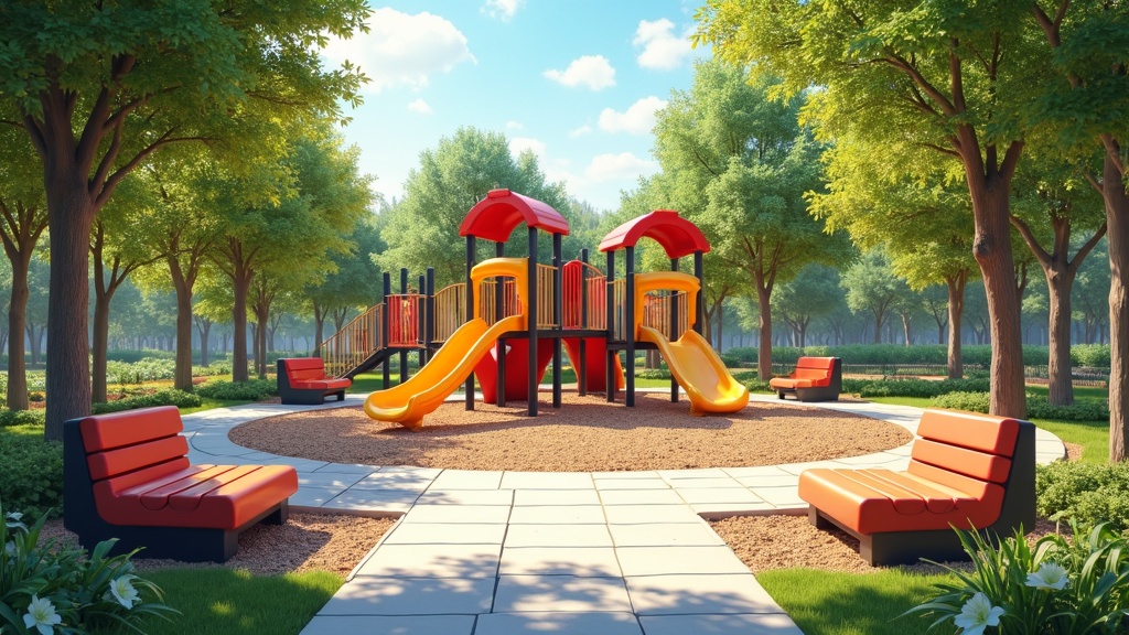 Colorful playground with benches and trees representing a welcoming environment for friendship building.