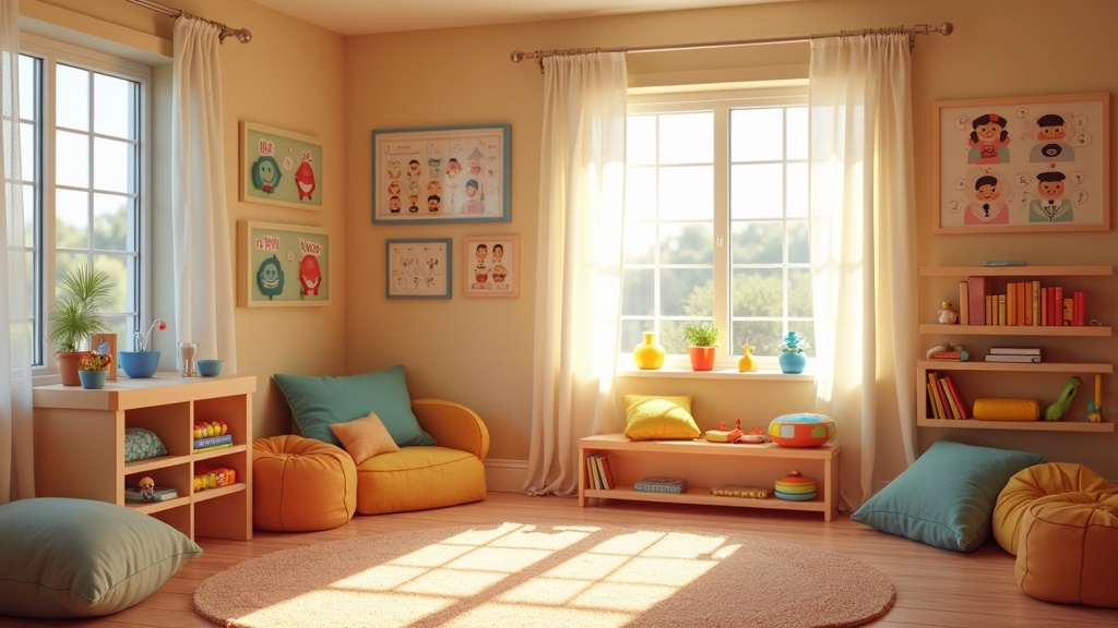 A calm, colorful playroom with soft toys and gentle warm lighting, featuring emotion-themed educational items like feeling faces and self-regulation tools.