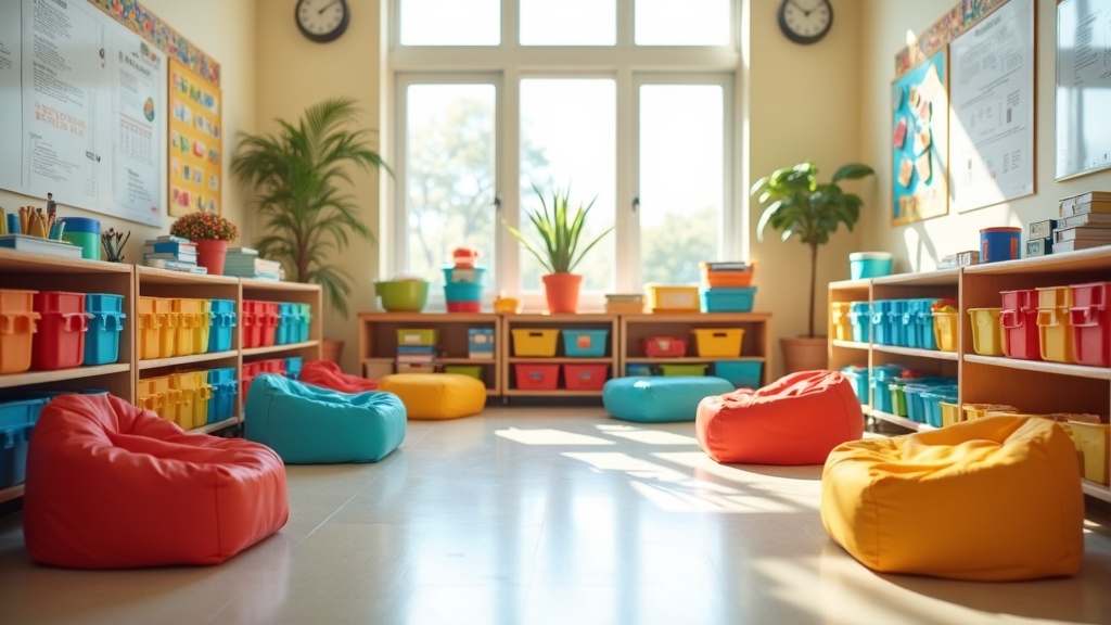 A colorful, organized elementary classroom with various learning materials and flexible seating options.