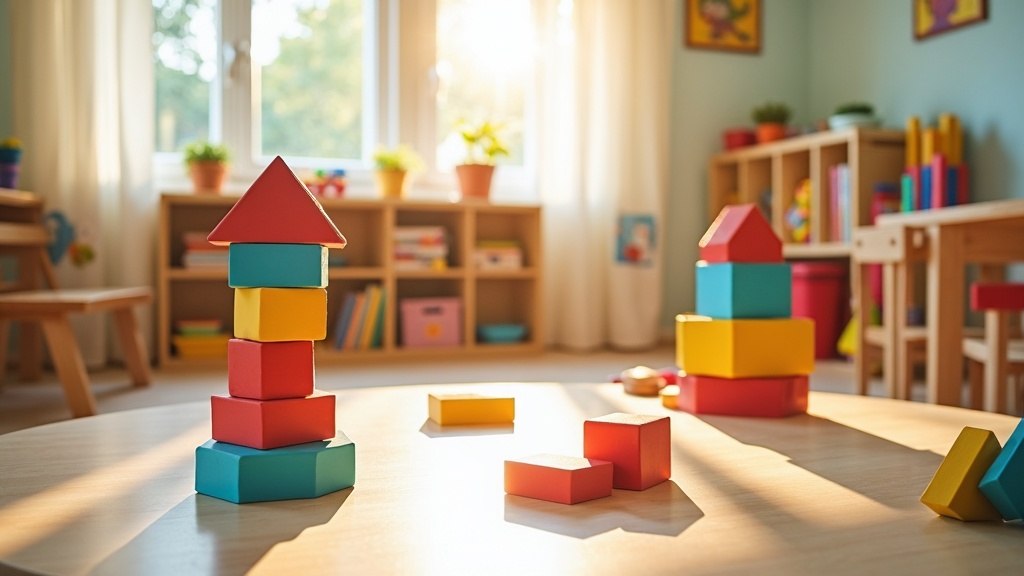 A colorful preschool classroom setup filled with playful activity stations, wooden blocks, and soft toys, inviting imaginative play in a sunlit, cheerful environment