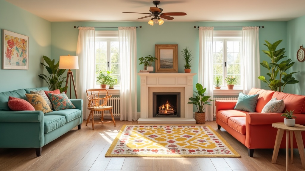 A cozy and inviting living room with colorful decor, plants, and accessibility features like wide entryways and adjustable lighting.