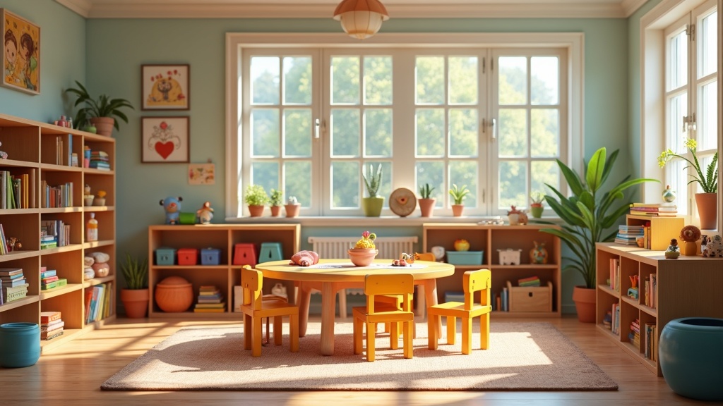 A cozy, colorful children's classroom with educational toys, natural lighting, and organized learning spaces