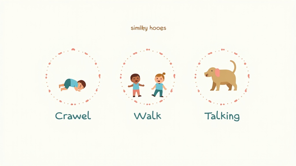 A simplified, colorful chart showing different developmental milestones in early childhood growth, with icons representing crawling, walking, and talking.
