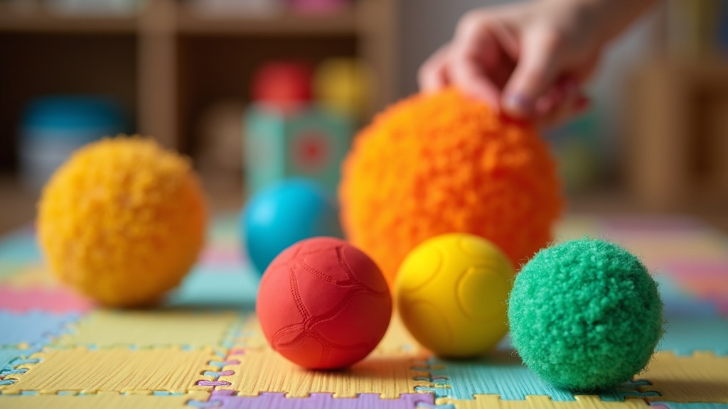 Bright, engaging sensory toys for babies—rattles, textured balls, and soft blocks on a colorful playmat