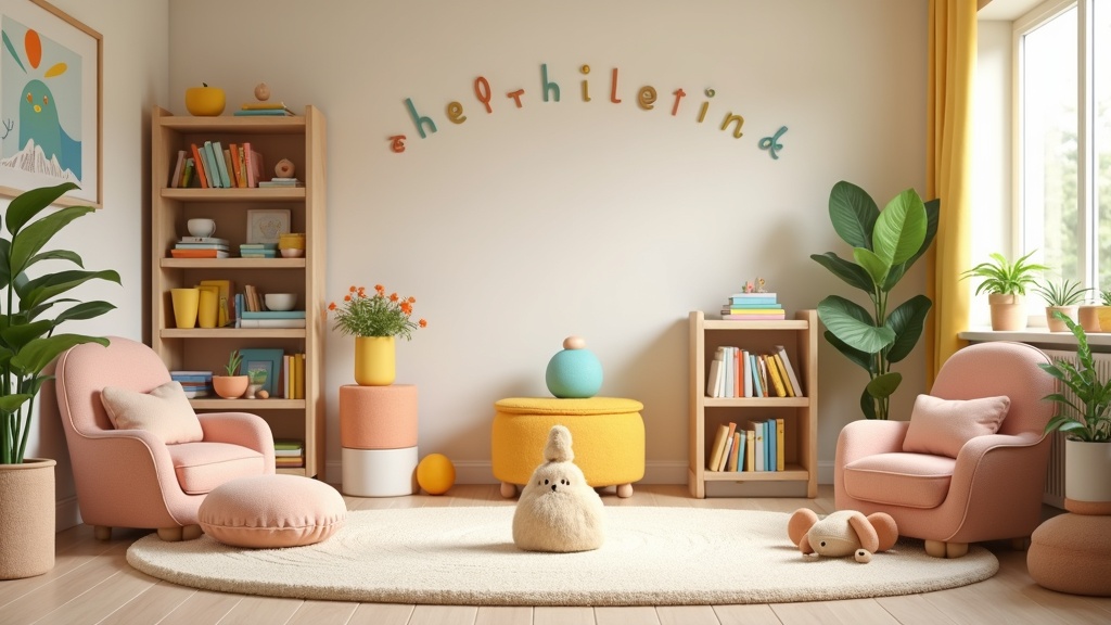 Colorful, cozy playroom setting with soft toys and neatly arranged books, featuring calming decor, plants, and soft lighting. An inviting, peaceful early childhood learning environment.
