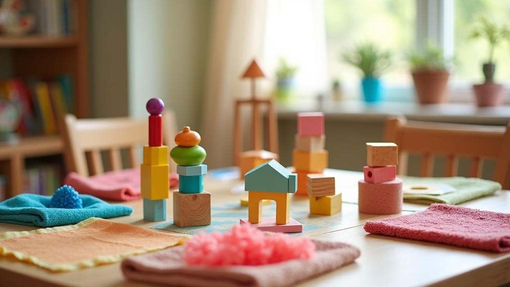 Colorful educational toys and sensory play materials arranged on a table—a calm, inviting setup for therapy or learning.