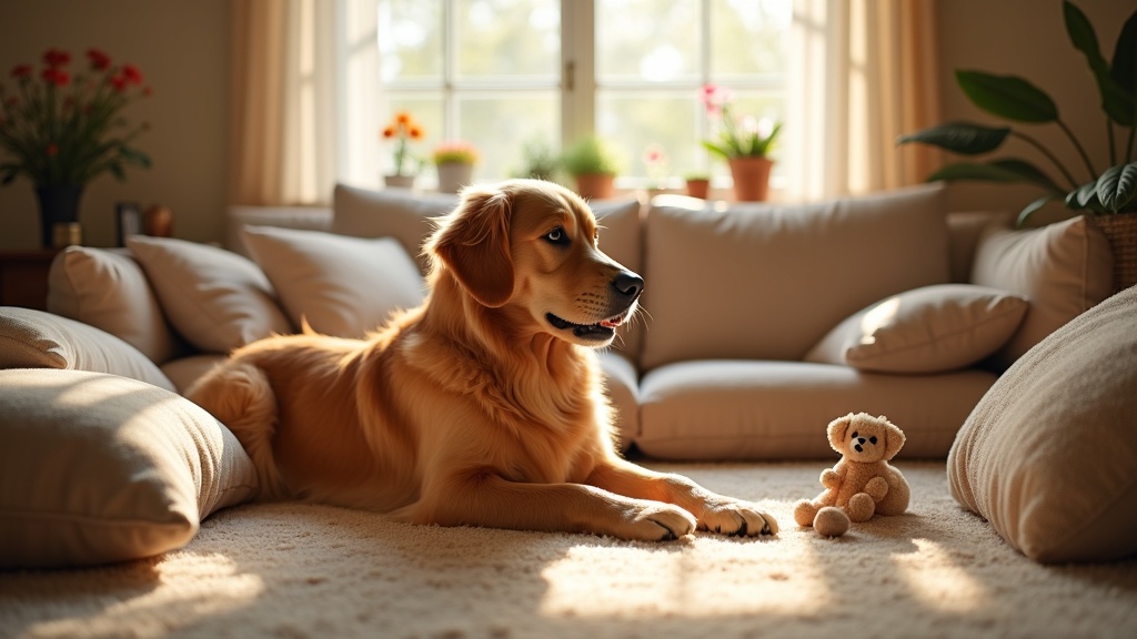 Golden Retriever comfortably lying on a living room floor surrounded by soft toys and a cozy indoor setting.