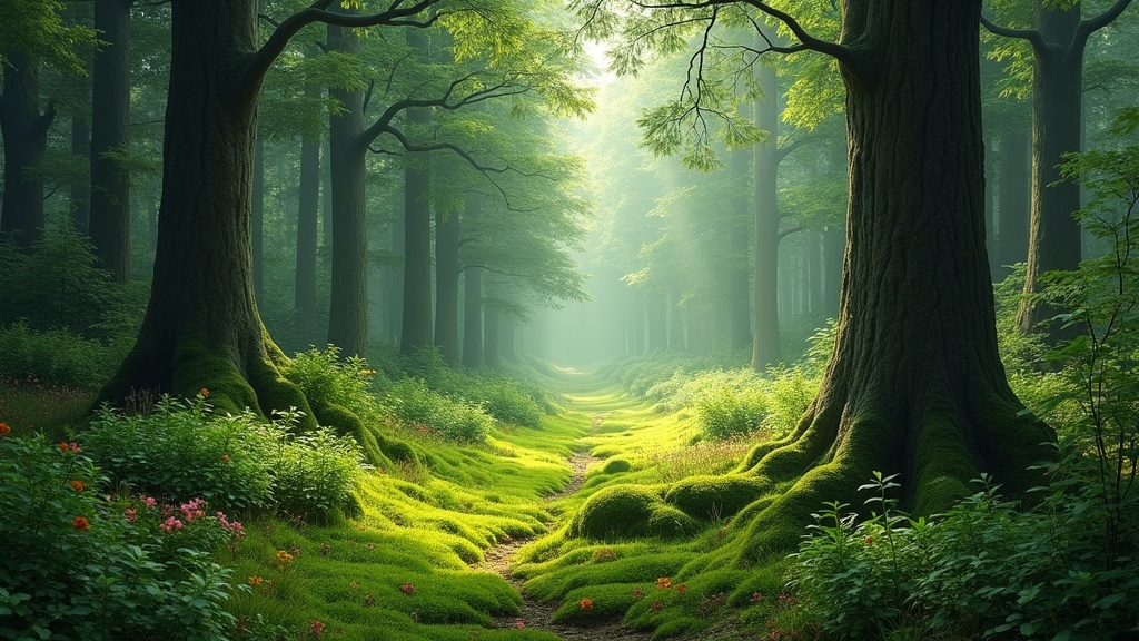 Lush green forest floor with wildflowers and soft sunlight filtering through the trees