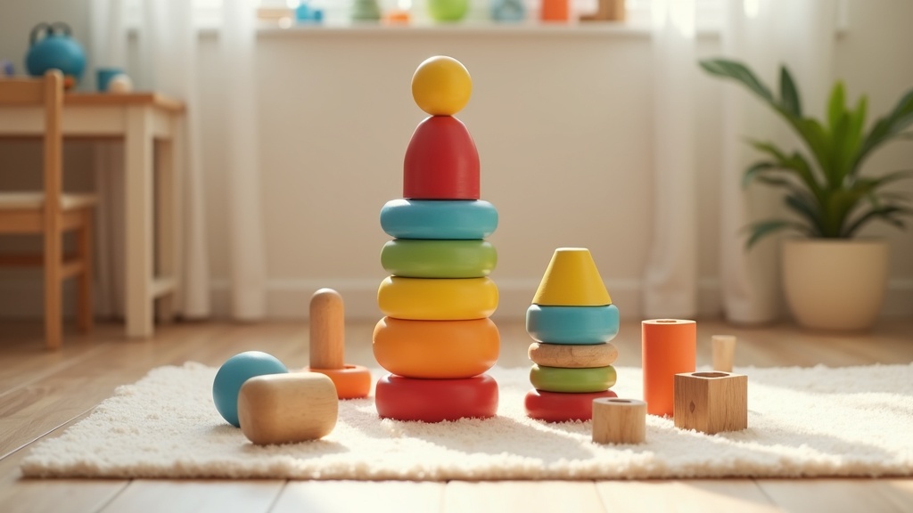 colorful stackable building blocks and wooden toys on a soft play mat, with gentle lighting