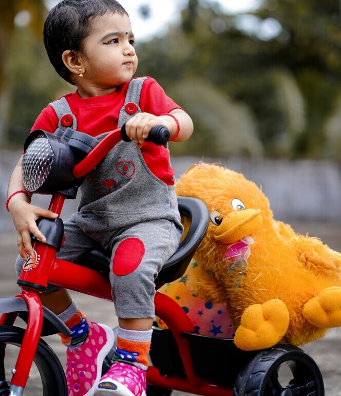 Toddler pushing a toy mower or riding a small car